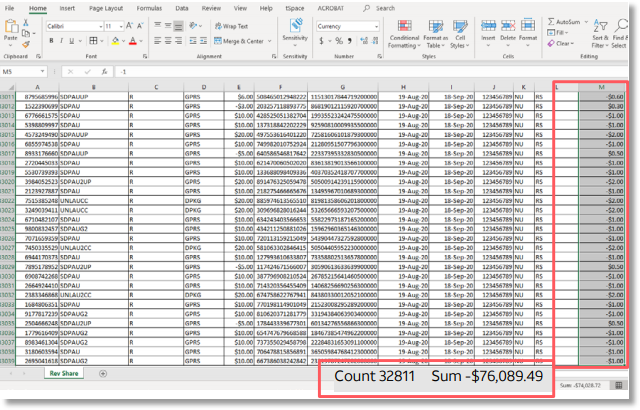 Select Ctrl+Shift+down arrow in Column M to obtain the sum.