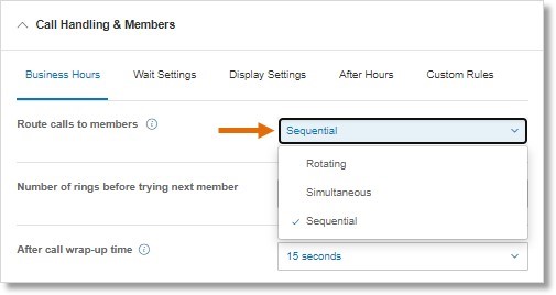 In the Business Hours tab, click the drop-down menu next to Route calls to members.