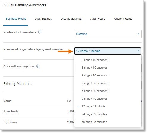 To configure, set the Number of rings before trying the next member.