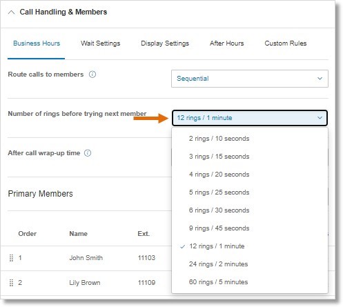 To configure, set the Number of rings before trying the next member.