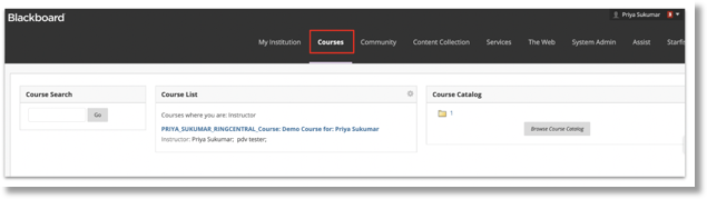 If not logged in at this step, enter the login in Blackboard as Administrator or Instructor account and click on Courses tab.