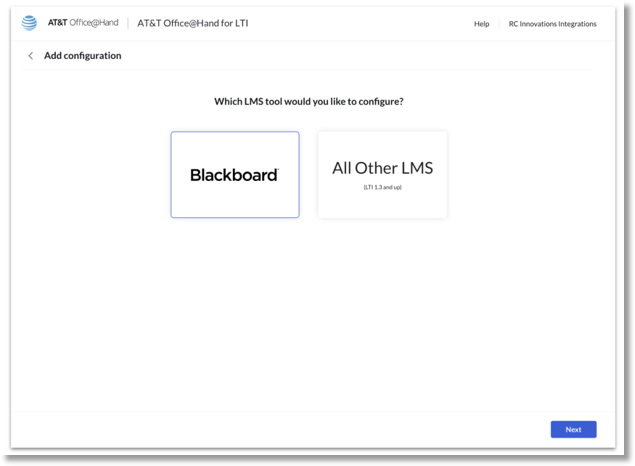 Select the Blackboard as the LMS tool to configure with AT&T Office@Hand. Click Next.