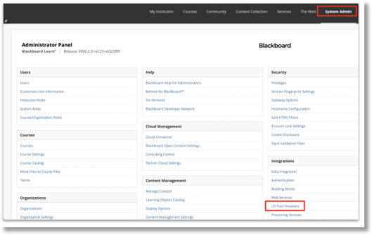 Click on System Admin tab and scroll down to click on LTI Tool Providers.