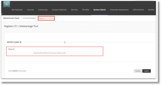 Next, click on Register LTI 1.3 Tool. Paste the Client ID that was copied in the beginning of this step 3.2.1. Click Submit.