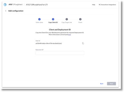 Navigate back to AT&T Office@Hand for LTI webpage to paste the Deployment ID under Step 2 of the configuration wizard. Click Next.
