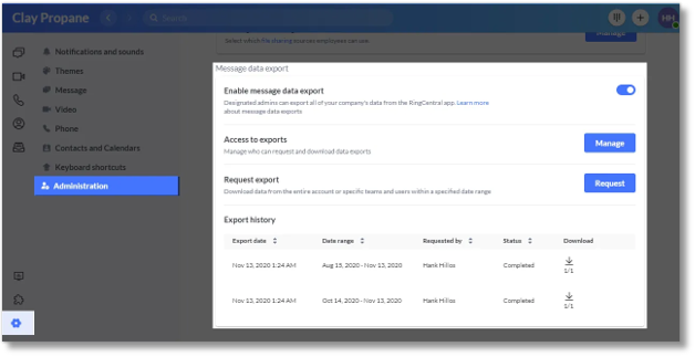 Under Message data export, ensure the Enable message data export toggle is set to on.