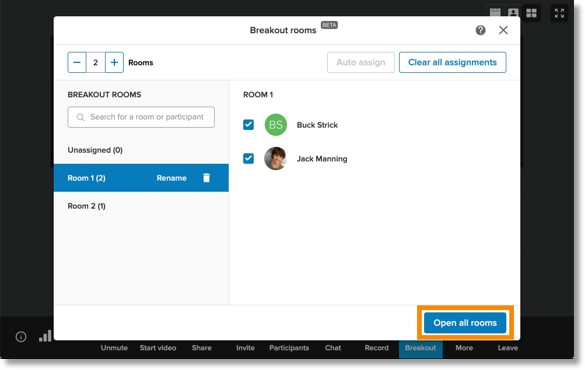 You can open the rooms by clicking on the Open all rooms button at the bottom of the Breakout rooms window.