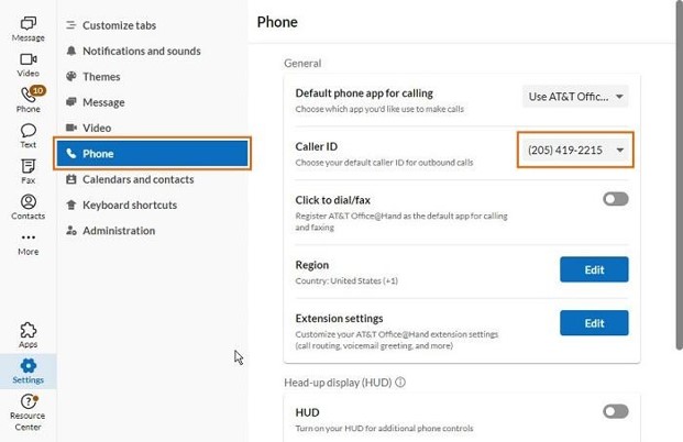 To change the default Caller ID, go to the Settings > Phone > Caller ID menu of the AT&T Office@Hand app.