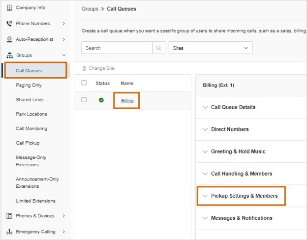 Click the desired Call queue name, then click Pickup Settings & Members.