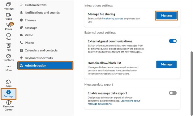 Select the Manage button at the far right of Manage file sharing under Integrations settings.