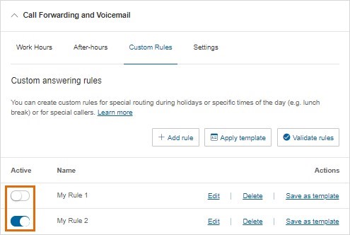 To enable or disable a custom answering rule, click on the toggle switch for the rule under Active to change its status.