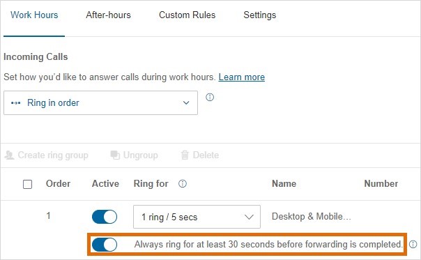 Enable Always ring for at least 30 seconds before forwarding is completed.