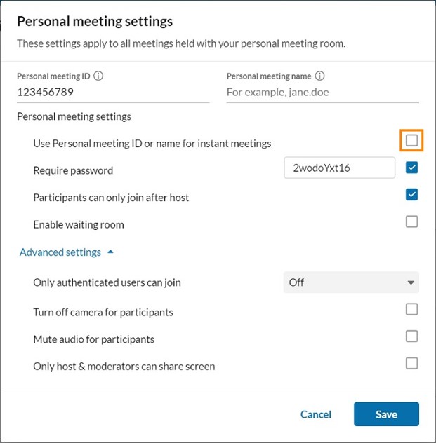 Ensure that the checkbox for Use Personal Meeting ID for instant meetings is selected.