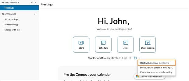 Click Start with personal meeting ID.