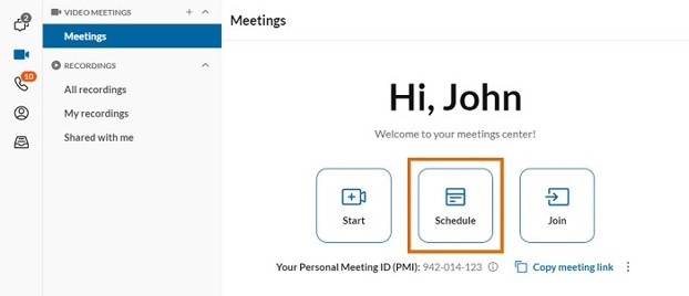 Click Schedule at the top to open the Schedule a meeting window.
