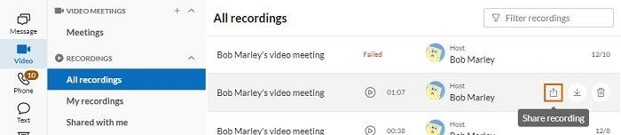 Hover over the recording that you’d like to share, then click Share recording.