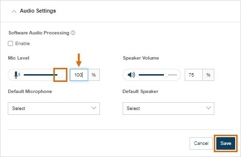 Move the slider to adjust the volume for the microphone and/or speaker.