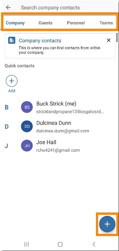 blue plus sign button located at the top right for iOS devices, or at the bottom right for Android devices, that will allow you to add a new contact, invite your co-workers or contacts to a new conversation, or create a new team.