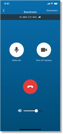 If a Room is being used for a meeting, you can use your mobile phone to mute and unmute audio, turn video on and off, adjust speaker volume, and leave the meeting.