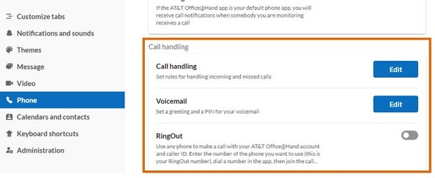 You can configure the following settings under Incoming calls. These settings are available both on AT&T Office@Hand Desktop and Web.