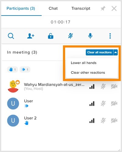 If you want to remove the reactions of all participants simultaneously, click Clear all reactions or click the drop-down and select Clear other reactions or Lower all hands.