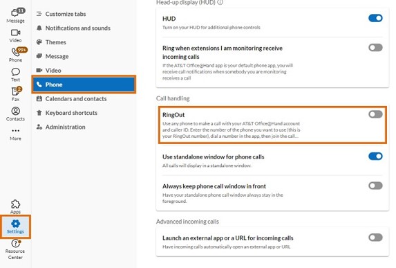 Enable the toggle switch for the RingOut feature under Call handling.