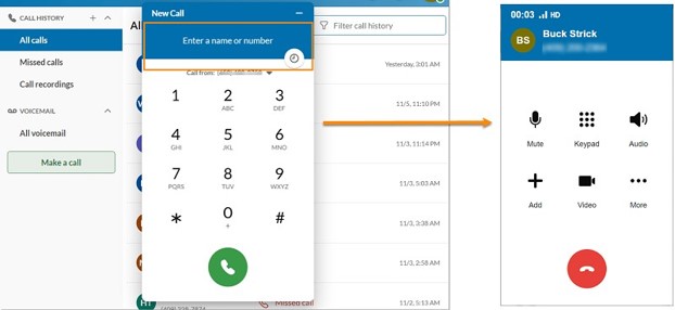 Enter a name or number, then select the contact you’d like to call or manually press the keys on the dial pad, then click the call button to start the call. The standalone call window will appear as your dialer.
