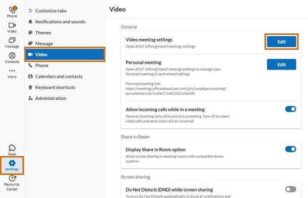 Click Edit at the far right of Video meeting settings under General. The Settings window will appear.