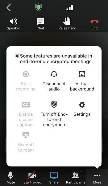 Once End-to-end encryption is enabled, you will see a green shield icon at the top of the meeting screen.