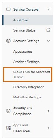 Click Account Settings, then select Cloud PBX for Microsoft Teams.