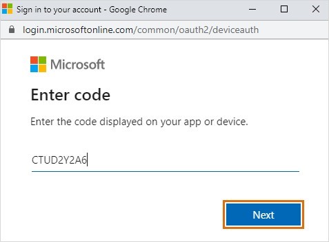 Enter the access code, then click Next. The process of connecting to Microsoft Teams will then start.