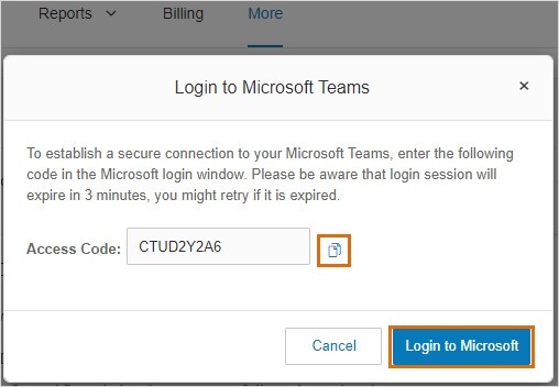 Click the Copy icon to copy the access code, then click Login to Microsoft.