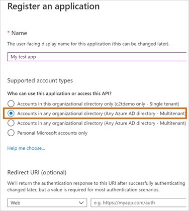 Select Accounts in any organizational directory (Any Azure AD directory - Multitenant), then click Register.