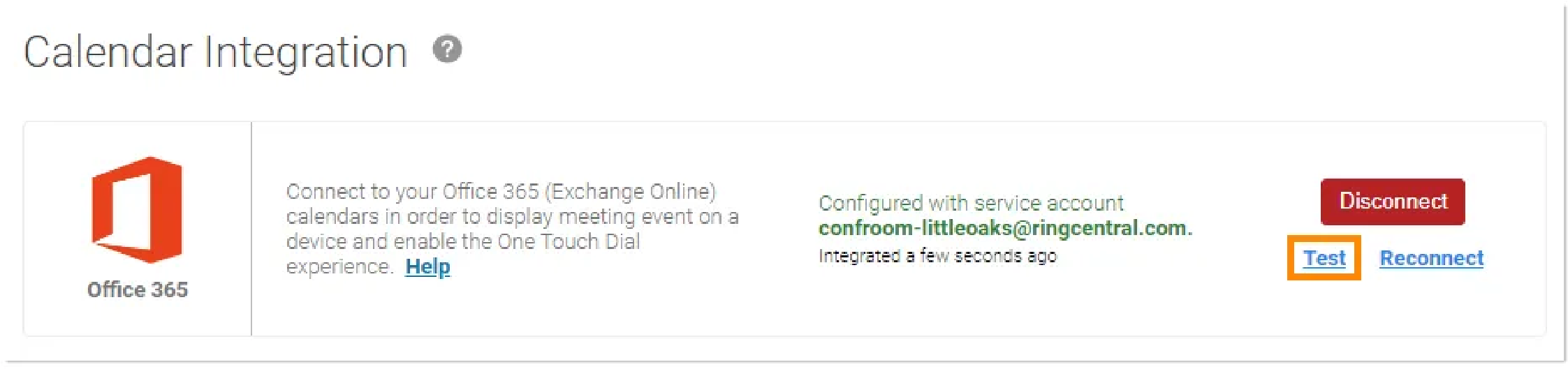 Click Test to confirm and test your connection. A successful test means the OTD can connect to your calendar.