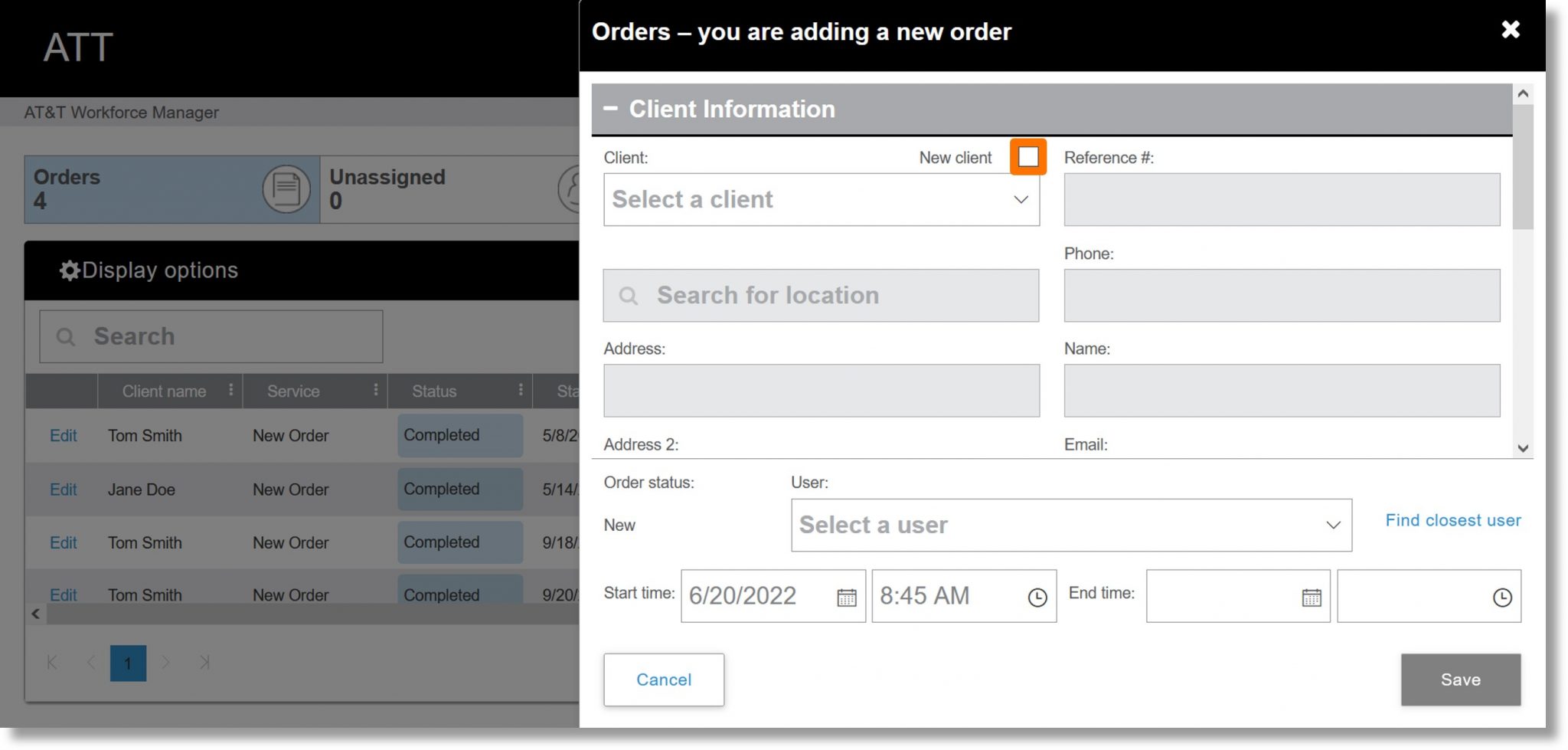 Create an order for a new client with AT&T Workforce Manager - Asecare