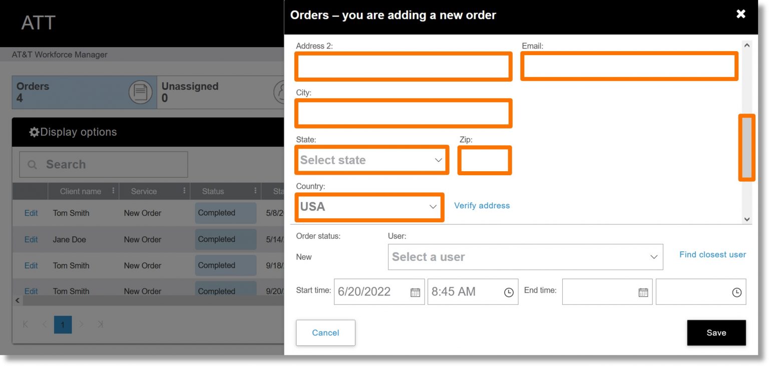 Create an order for a new client with AT&T Workforce Manager - Asecare