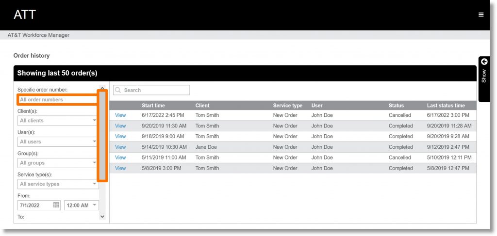 Run an Order History search by order number with AT&T Workforce Manager ...