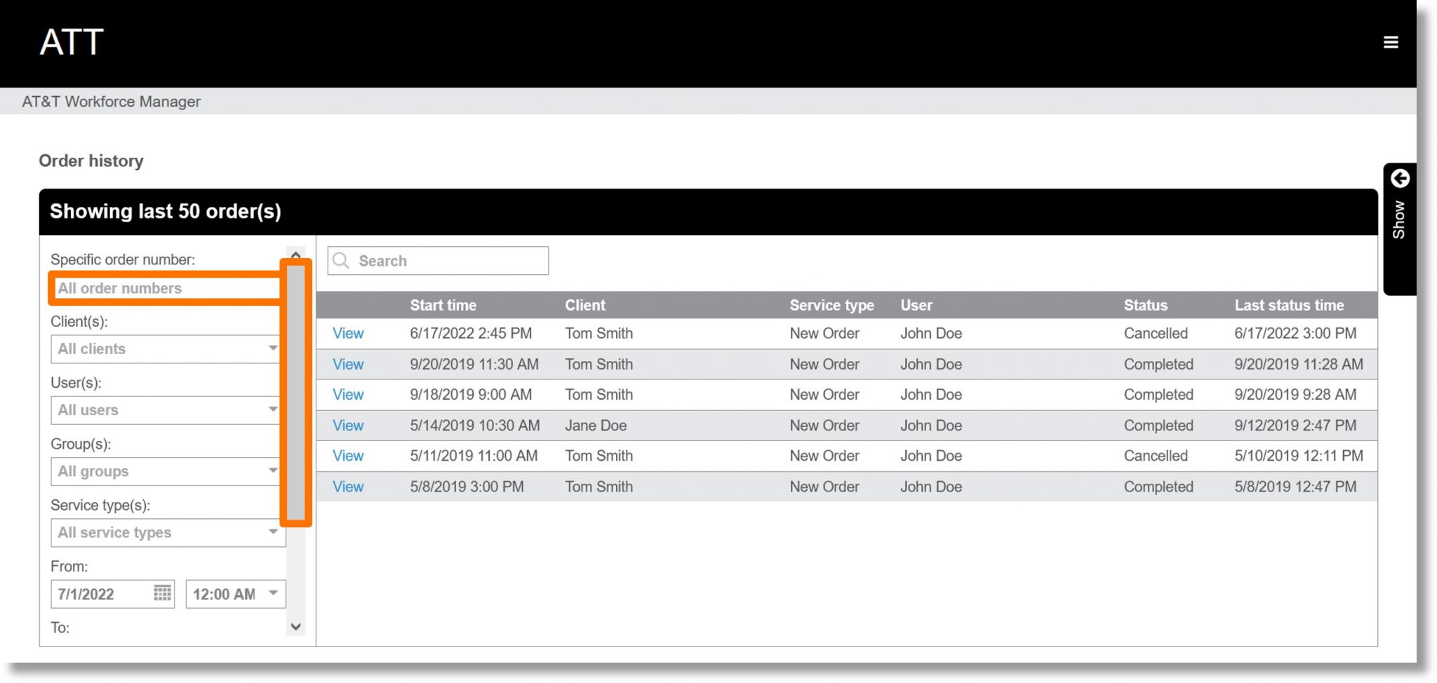 Run an Order History search by order number with AT&T Workforce Manager ...