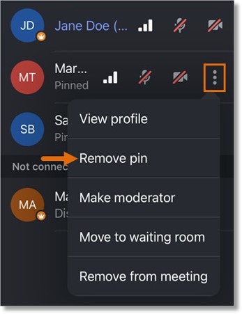 As a meeting participant, you can use the in-meeting controls from the Participants menu