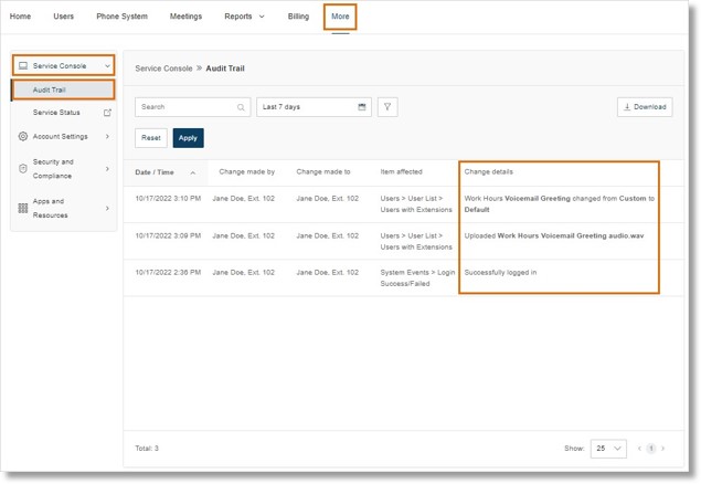 Viewing Voicemail Setting Changes in Audit Trail