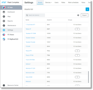 Select a column in the Assets list in AT&T Fleet Complete - Asecare