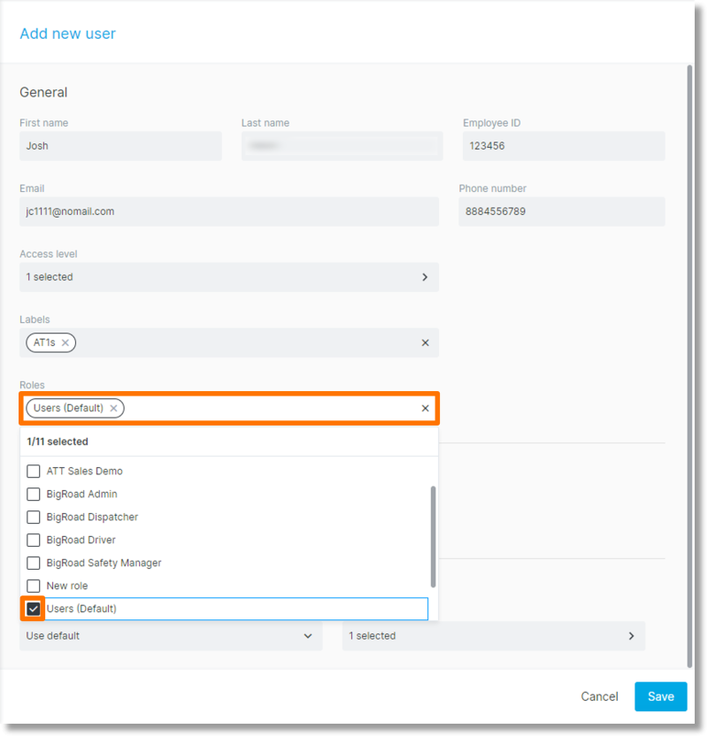 Click inside the “Roles” field and select the desired role(s) for this user.