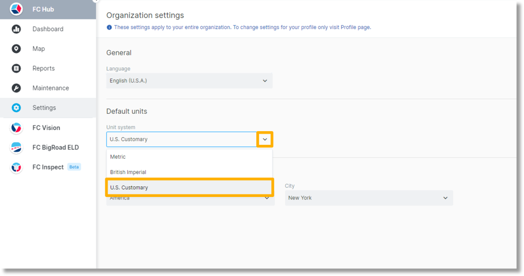 4.	In the “Default units” section, click the drop-down below “Unit system”. Select the desired option.