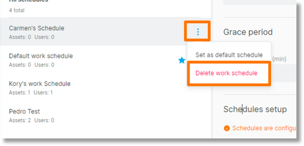 To the right of the work schedule name, click the ellipses icon and select Delete work schedule.