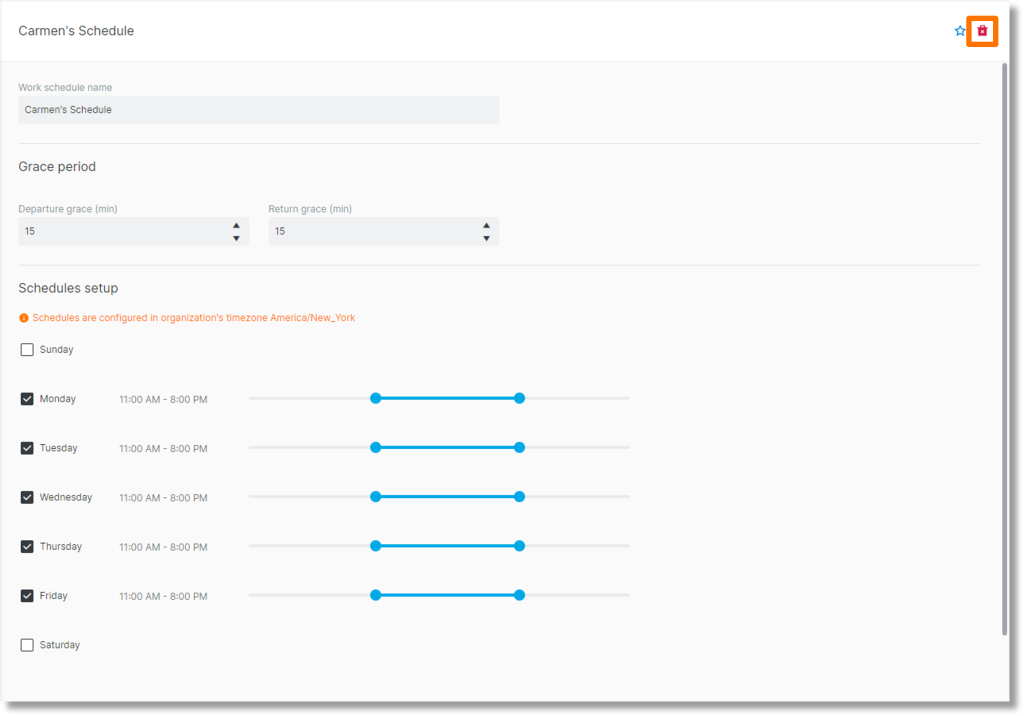 At the top right of the work schedule, click the trashcan icon to select the option to delete the work schedule.