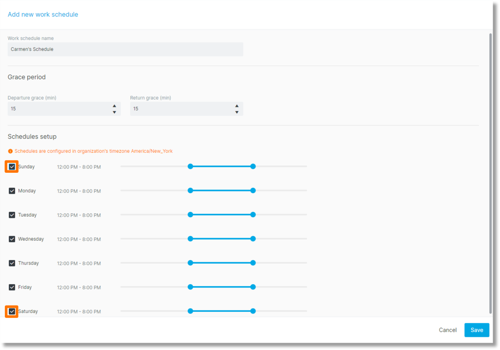 Under “Schedules setup”, click the checkboxes to the left of the days of the week to select/deselect the scheduled days for the work schedule.