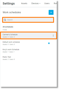 After navigating to the “Work schedules” tab, click inside the “Search” field to type the work schedule name or locate the work schedule