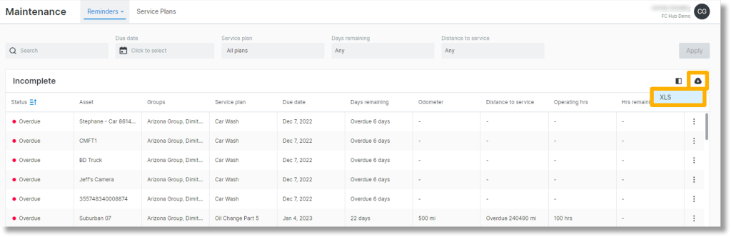 Click the download icon. Select XLS to export the maintenance reminders to a Microsoft Excel sheet.