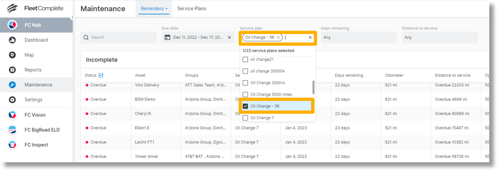 Service Plan – Click inside the field below “Service plan” to filter by service.