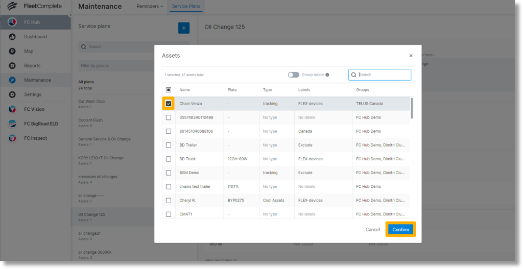 Select or deselect the check boxes to the left of the Asset’s name to determine which assets will have this service reminder.